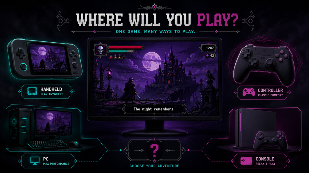 Mina the Hollower platforms graphic showing Switch 2, Steam, PS5, Xbox, and PC-style gaming setup options.