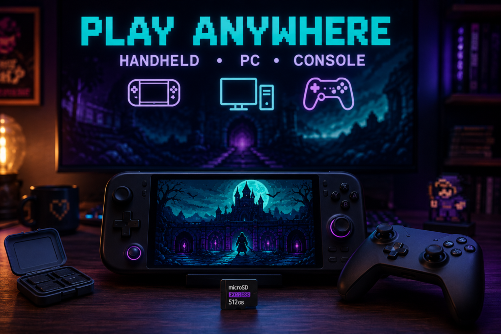 Mina the Hollower setup image with Switch 2 storage card, wireless controller, and handheld gaming accessories for digital players.