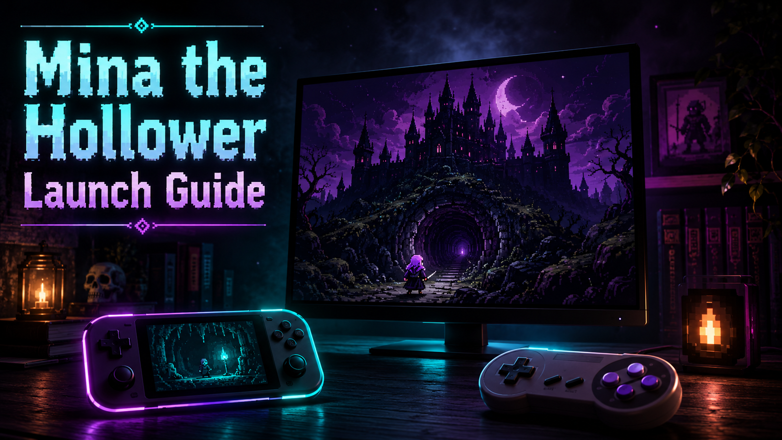 Mina the Hollower launch guide featured image with retro handheld gaming setup, gothic pixel-style adventure mood, controller, and Switch 2 platform theme.