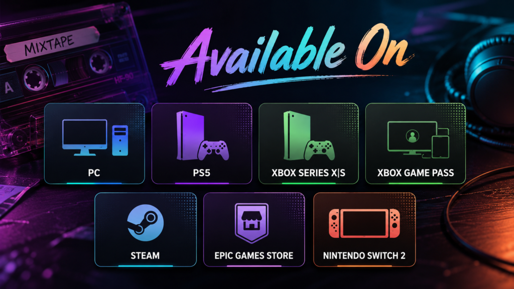 Mixtape game platforms showing availability on PC, PS5, Xbox Series X/S, Nintendo Switch 2, Steam, Epic Games Store, and Xbox Game Pass.