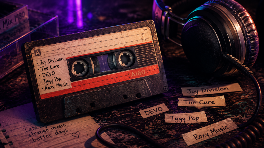 Mixtape game soundtrack image with retro cassette and headphones representing licensed music from Joy Division, The Cure, DEVO, Iggy Pop, Roxy Music, and other artists.
